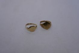 Two 9ct yellow gold signet rings, AF, one cut, one misshapen, both marked 375, approx 3g