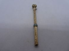 Yellow metal propelling pencil with applied turquoise beads, 6.2g unmarked
