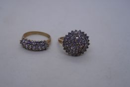 Two 9ct dress rings set with pale purple stones, one a cluster example AF, possibly tourmaline, both
