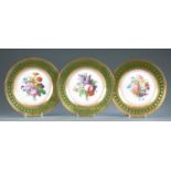 3 Sevres green border cabinet plates.