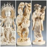 Ivory okimono of Guanyin, woman and old man.