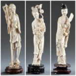 3 Ivory figures of a farmer, lady, and robed lady.