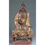 Carved lacquer and wood Guanyin w/ base, Ming.