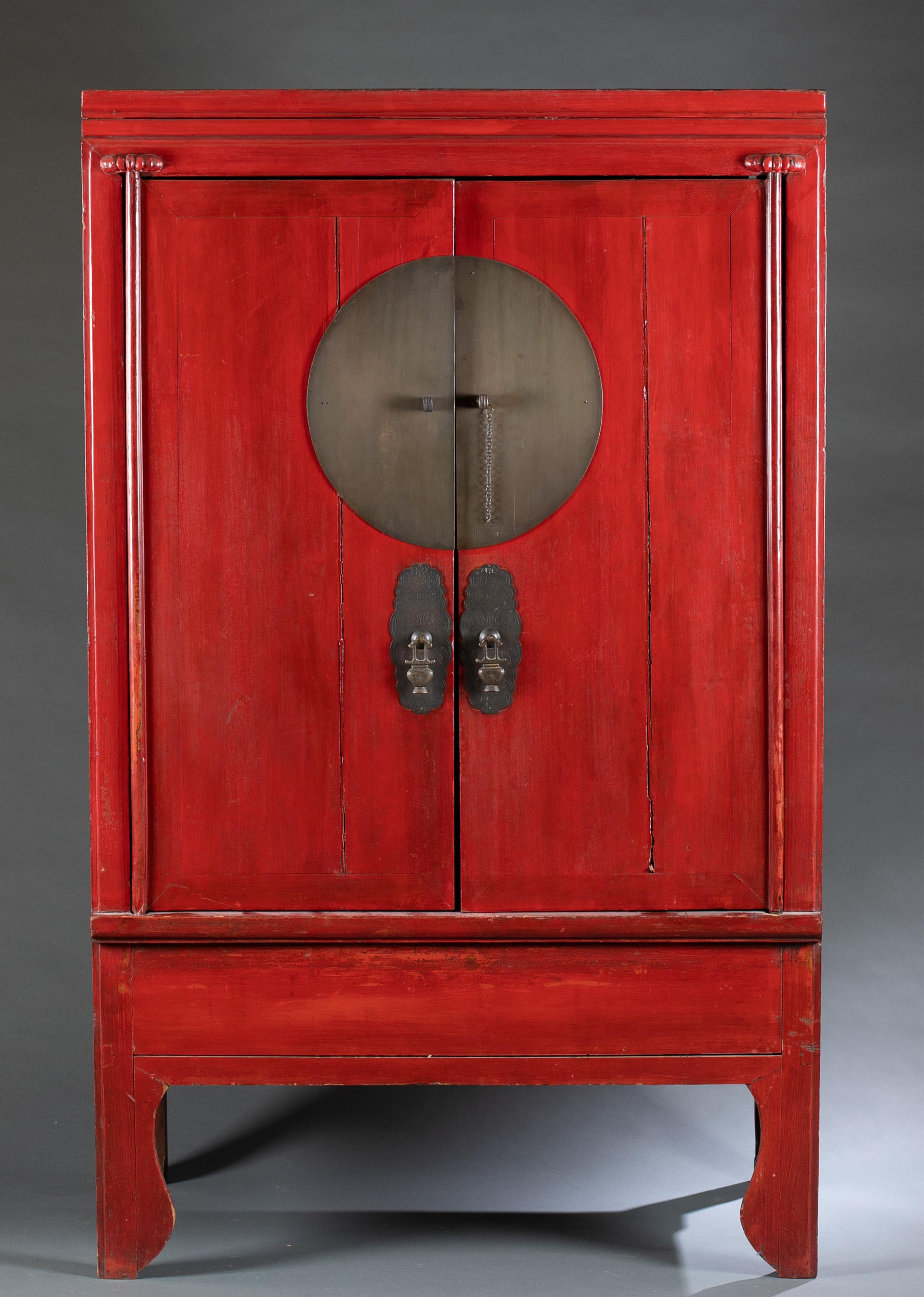 Chinese red lacquered elm wood wedding cabinet.