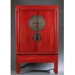 Chinese red lacquered elm wood wedding cabinet.