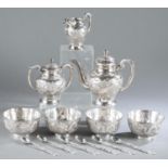 Chinese dragon motif silver tea set, 13 pcs.