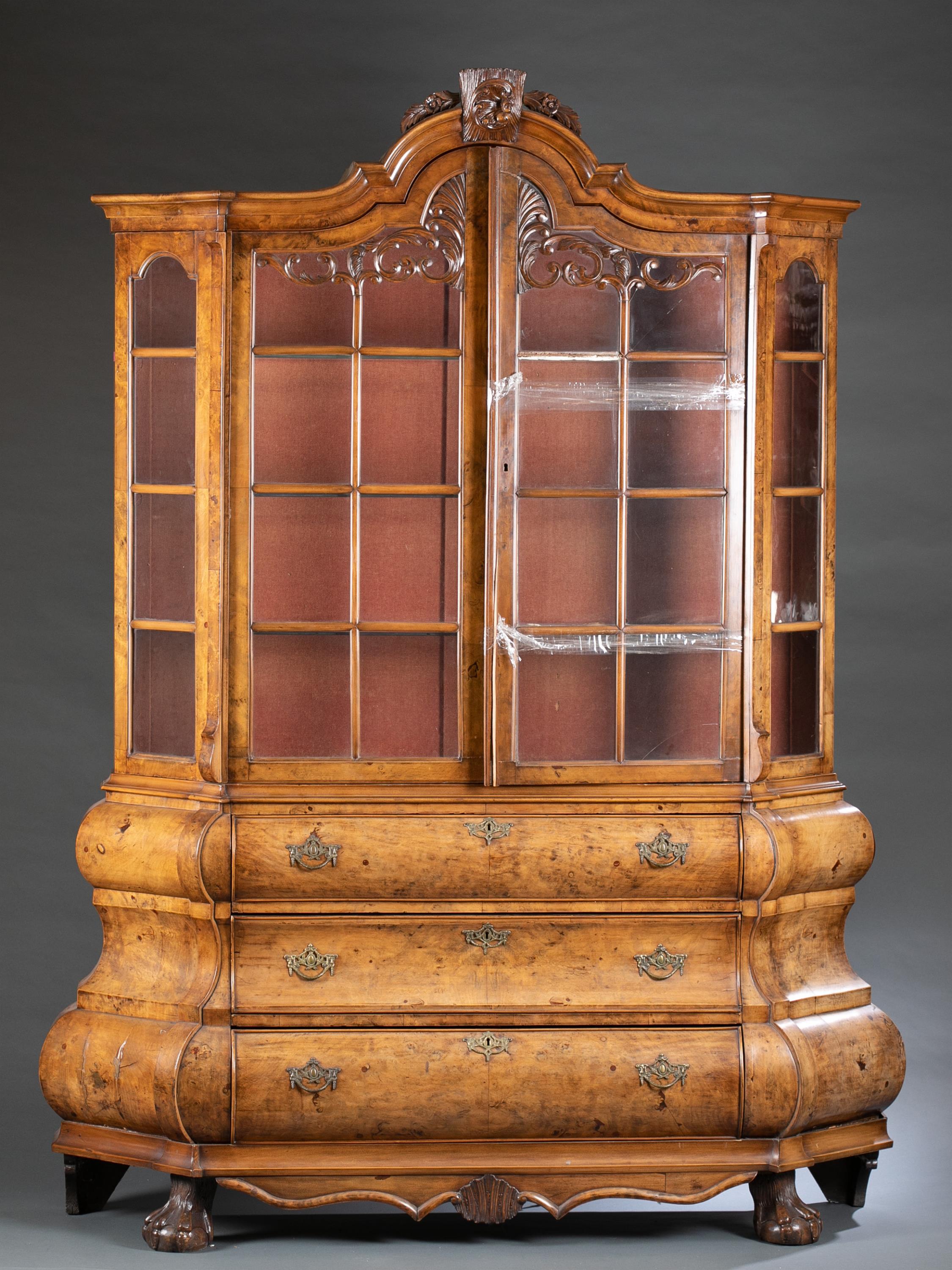 Dutch bombe walnut display cabinet.