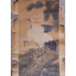 Antique Japanese silk scroll painting of cranes.