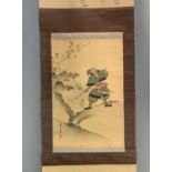 Japanese watercolor silk scroll of samurai.