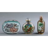 3 cloisonne enameled snuff bottles and box.