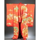 Japanese red silk & handmade kimono with belt.