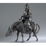 Japanese bronze of a scholar riding an ox, Meiji.