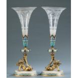 Pair of cloisonne etched glass epergnes