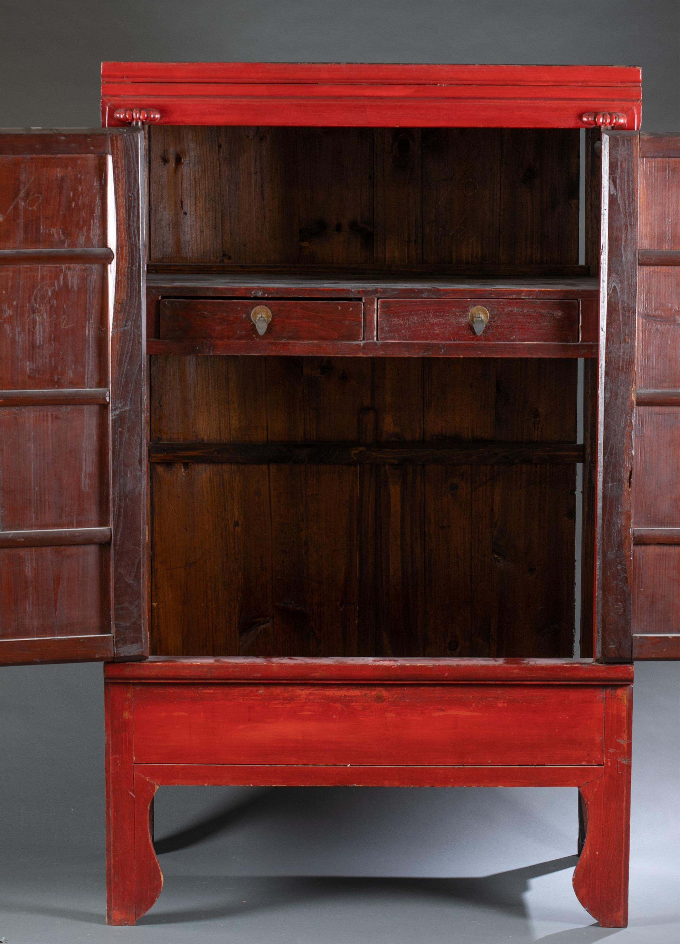 Chinese red lacquered elm wood wedding cabinet. - Image 3 of 5