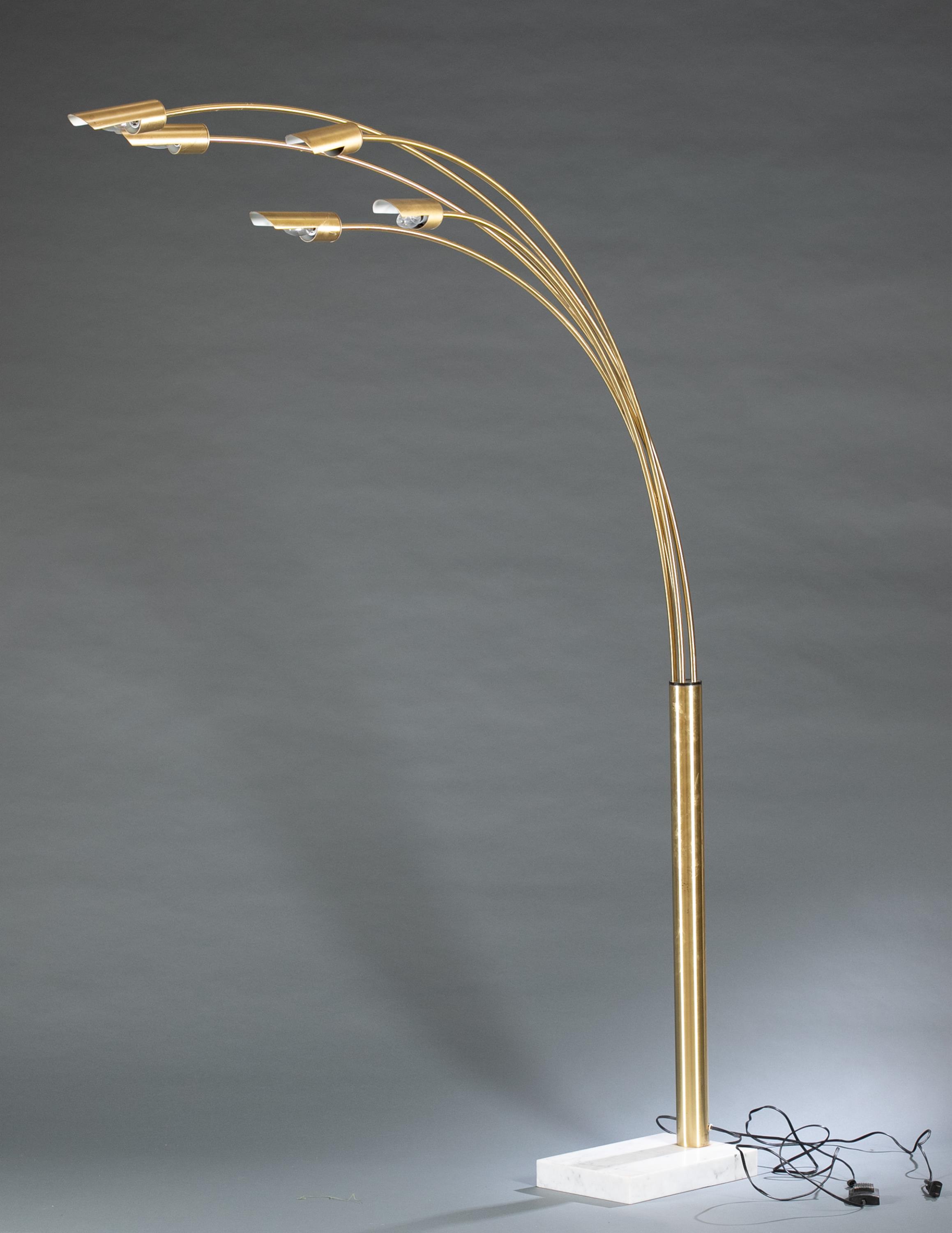 Modernist brass six arm arc floor lamp.