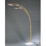 Modernist brass six arm arc floor lamp.