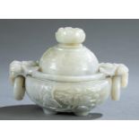 Carved white jade lidded censer, late 19th/20th c.