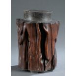 Bronze cylinder tea jar with wood cover.