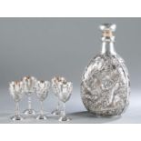 Chinese silver pinch bottle and five cordials.