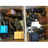 A collection of vintage cameras and equipment including Ensign box and reflex cameras, a Minolta
