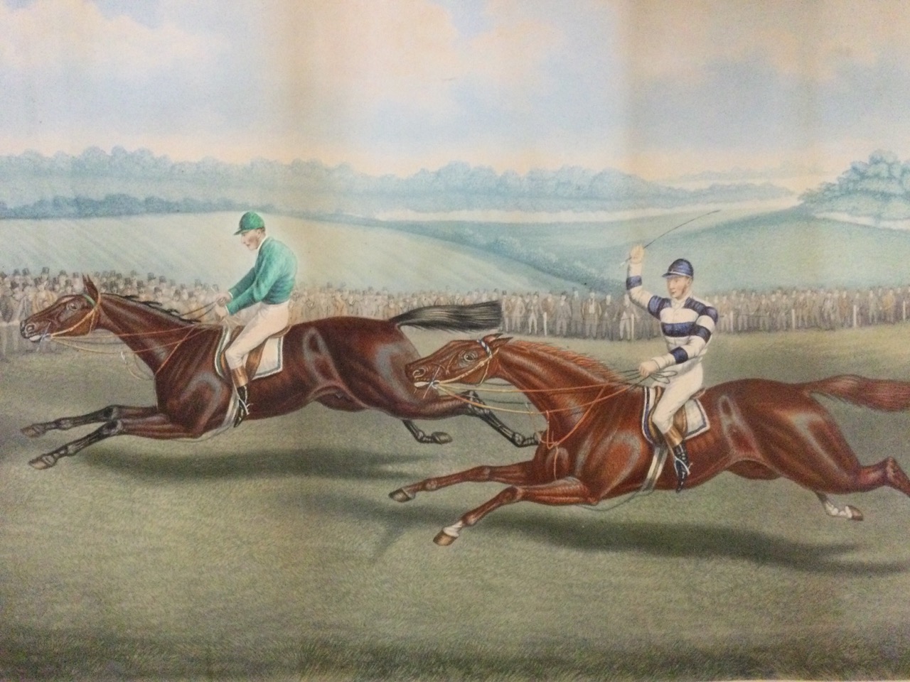 A Victorian coloured print, Great Match for 1000 Guineas, published in 1875 with two horses in - Bild 3 aus 3