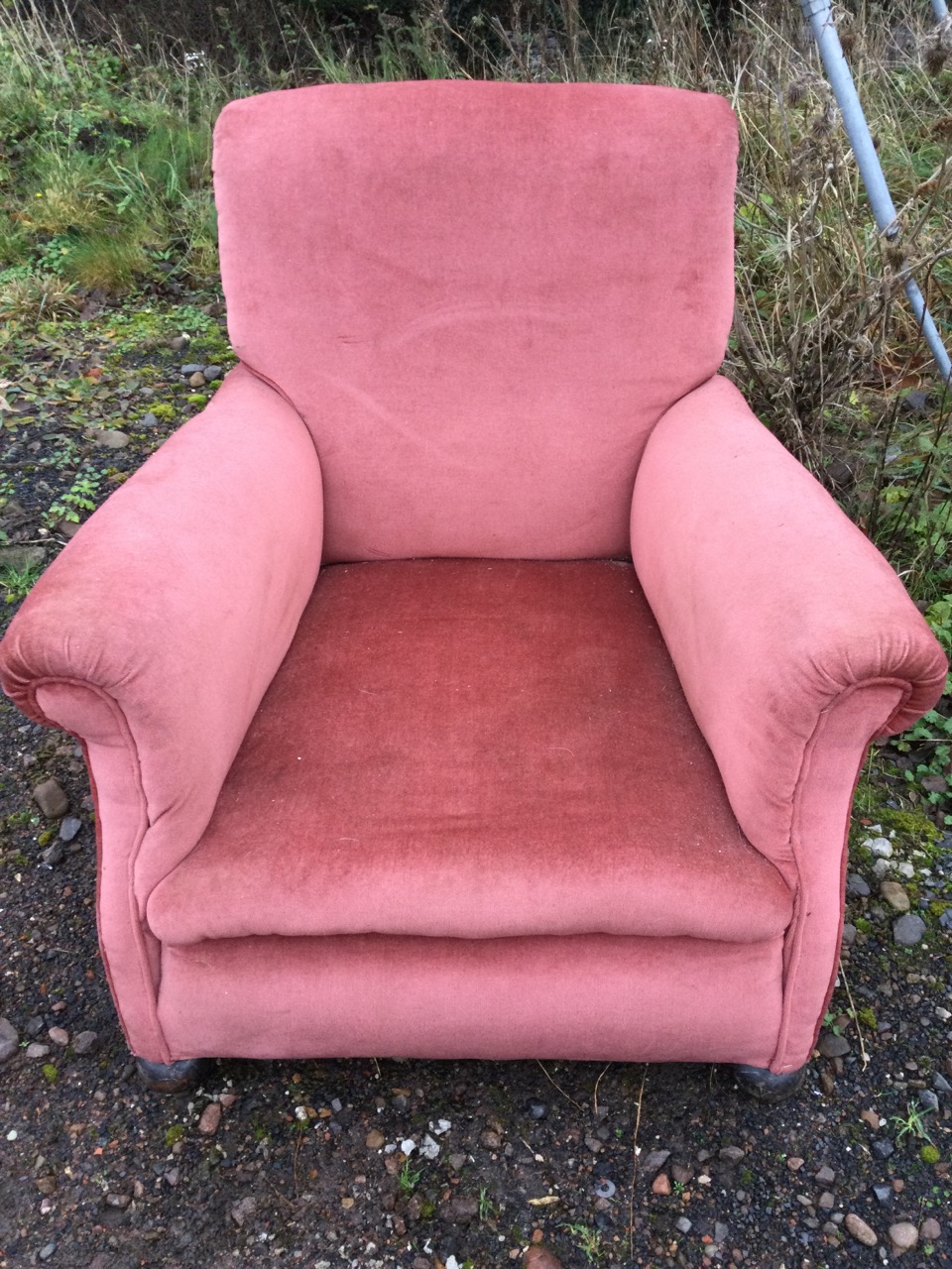 An upholstered armchair with padded back and arms above a sprung seat, raised on bun feet. - Image 2 of 3