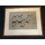 Tom Carr, pencil & watercolour, study of nine foxhounds, all named with presentation inscription,