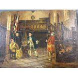Oil on canvas, laid down on board, eighteenth century interior scene with four gentlemen in