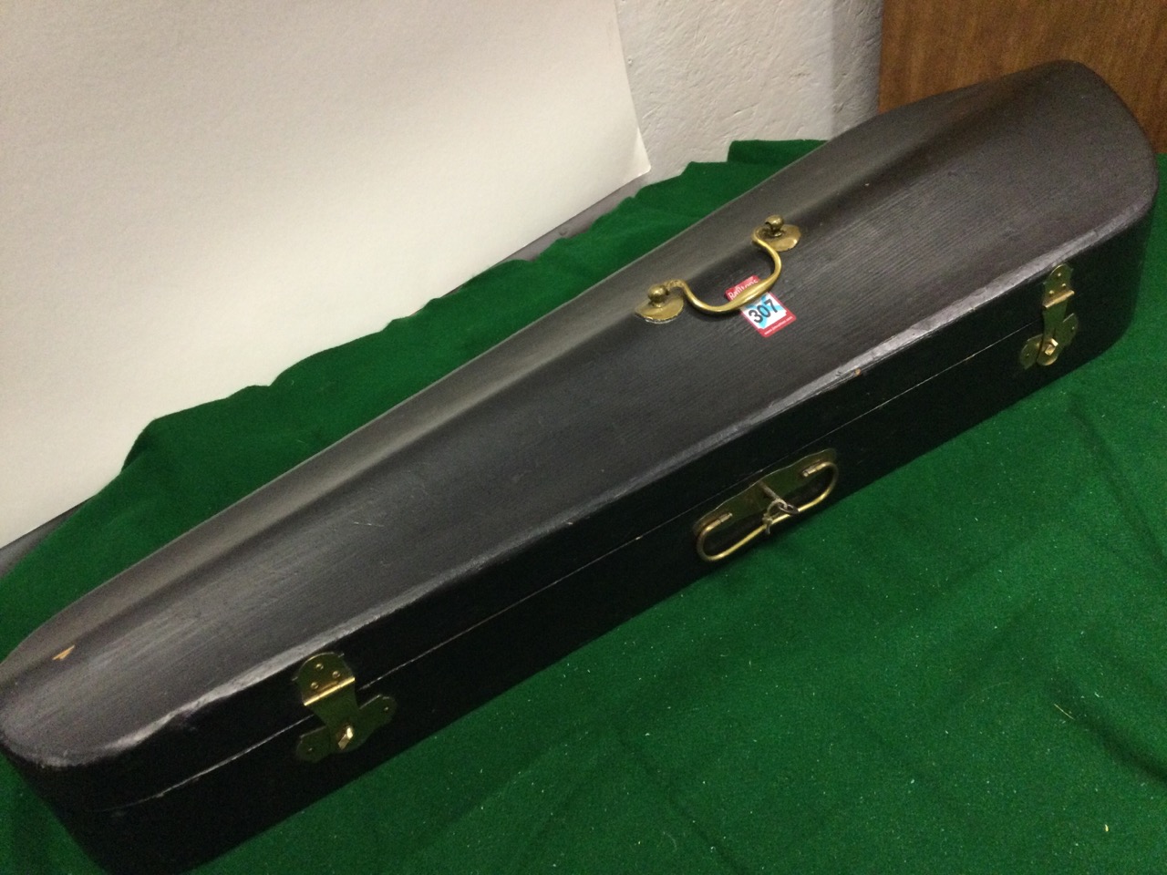 A coffin cased violin & bow, the re-polished instrument with boxwood & ebony stringing having twin- - Image 3 of 3