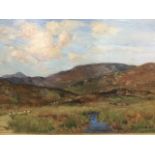 J Campbell Mitchell, oil on board, moorland landscape with sheep, signed, inscribed to verso The