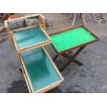 A baize lined butlers tray on folding webbed stand; and a three-tier adjustable stand with