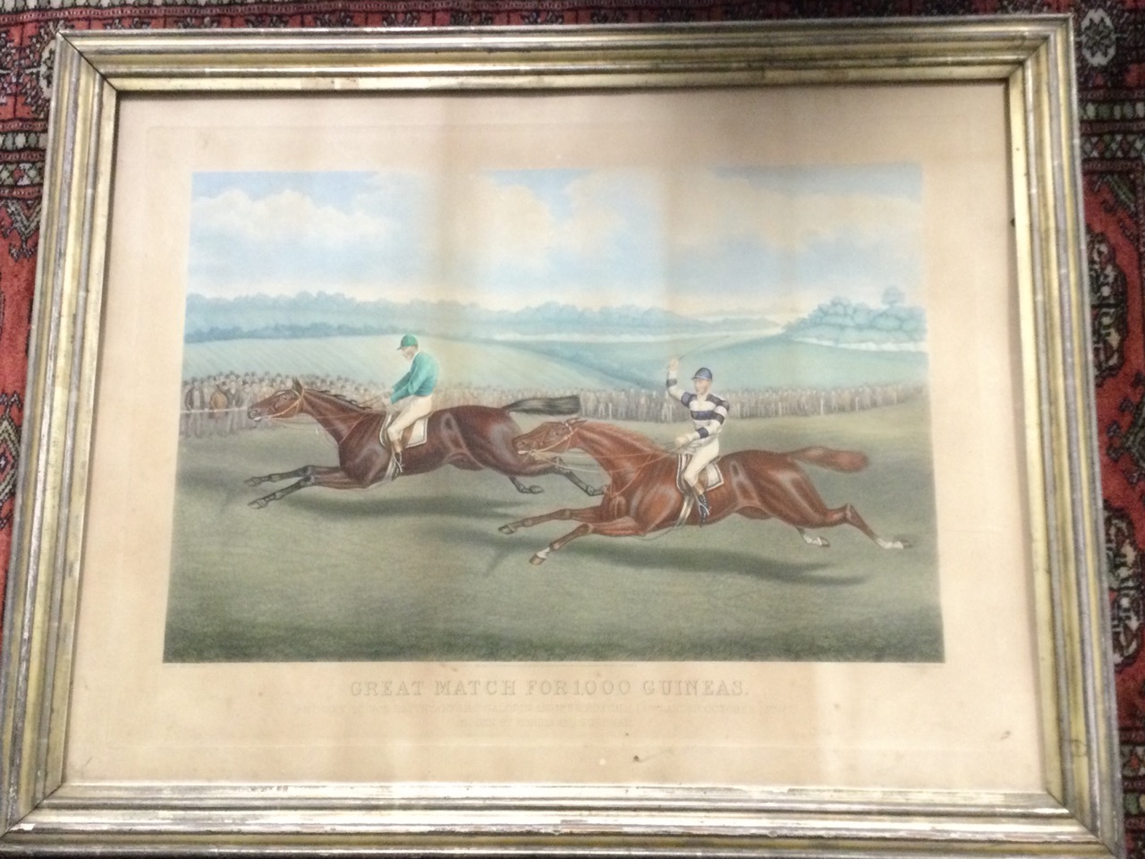 A Victorian coloured print, Great Match for 1000 Guineas, published in 1875 with two horses in