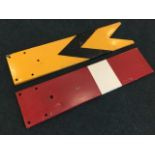 Two rectangular enamelled railway signals, yellow & black chevron style, and red & white striped,