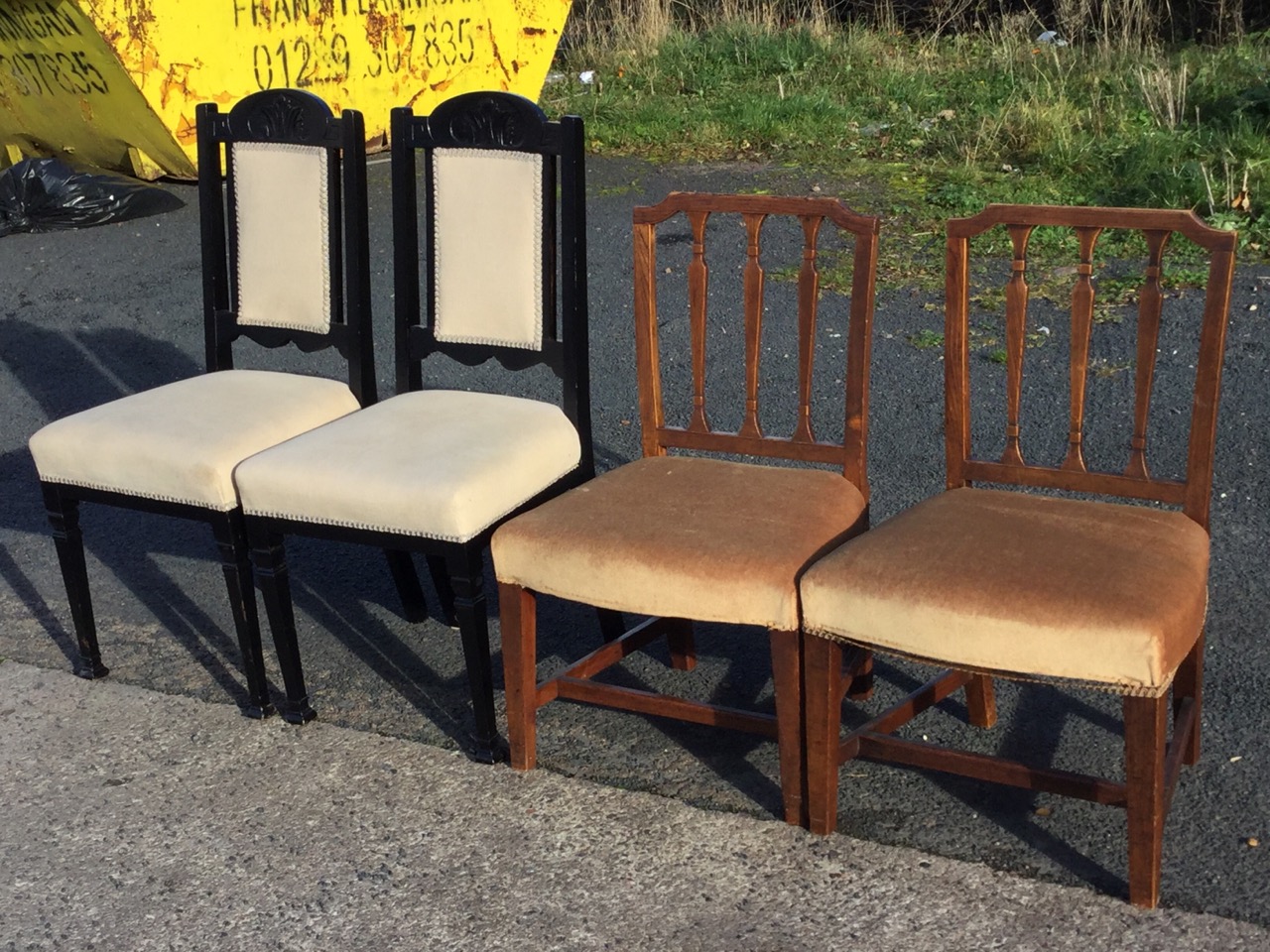 A pair of antique elm dining chairs with lathe backs above stuffover upholstered seats, raised on - Image 2 of 3