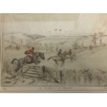 Tom Carr, a coloured sepia etching titled The Buccleugh at Cessfird, the hunt in field in landscape,
