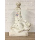 H Pernot, a French carved carerra marble stylised sculpture of a tied winged cherub with quiver of