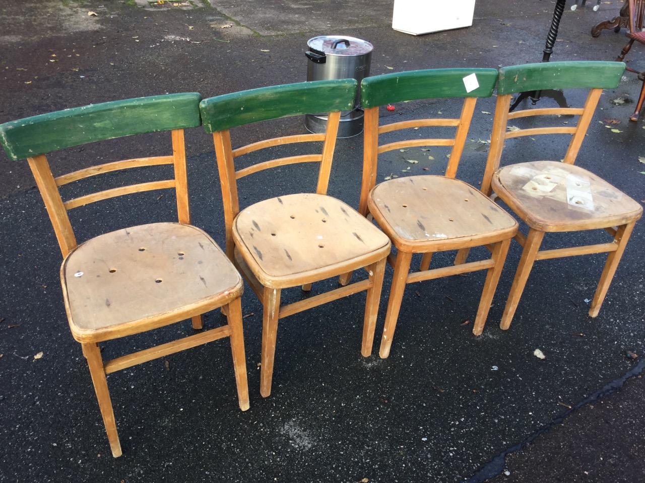 A set of four beech kitchen chairs with rounded backs & seats on square tapering legs. (4)