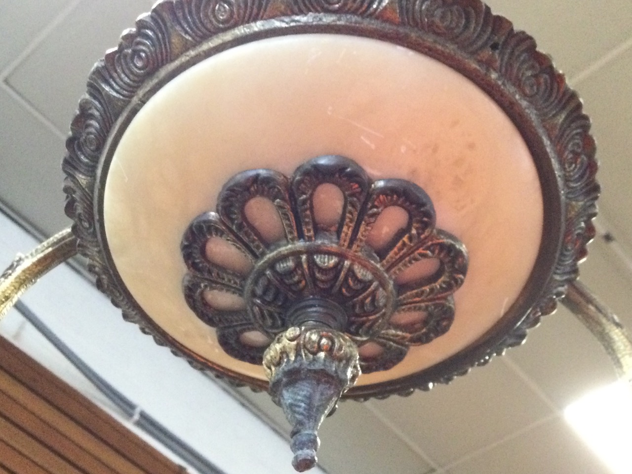 A gilt metal & alabaster chandelier, the column with leaf mounts supported by a chain, the bowl type - Image 3 of 3