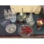 A miscellaneous quantity of glass including decanters & stoppers, vases, platters some signed,