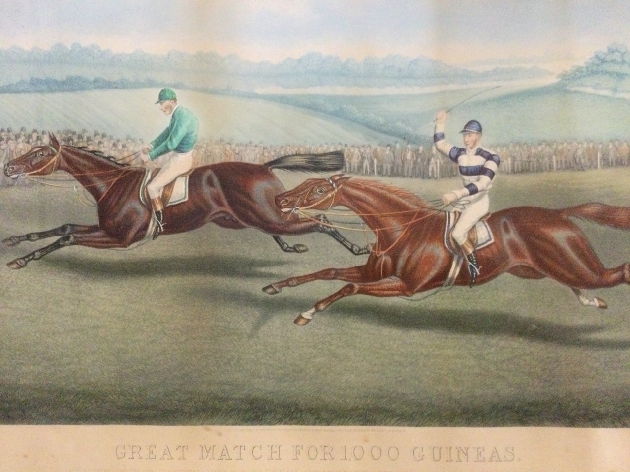 A Victorian coloured print, Great Match for 1000 Guineas, published in 1875 with two horses in - Bild 2 aus 3