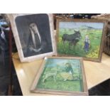 A pair of Muriel Dawson 1930s framed nursery prints with children feeding lamb & donkey; and an