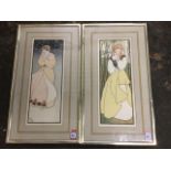 Mary Lang, a pair, watercolours with silver & gold penwork, art nouveau style young ladies, signed &