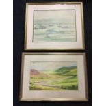 Joan Hodes, watercolours, boats beyond platforms, signed, titled to verso Boats Early Morning 1,
