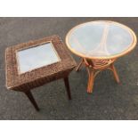 A circular cane coffee table on waisted legs with plate glass top; and a square basket coffee