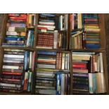 Six boxes of hardback books - novels, biographies, some contemporary, fiction, travel, politics,