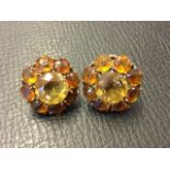 A pair of 9ct gold earrings with amber coloured flowerhead citrines, the backs with screw fittings -