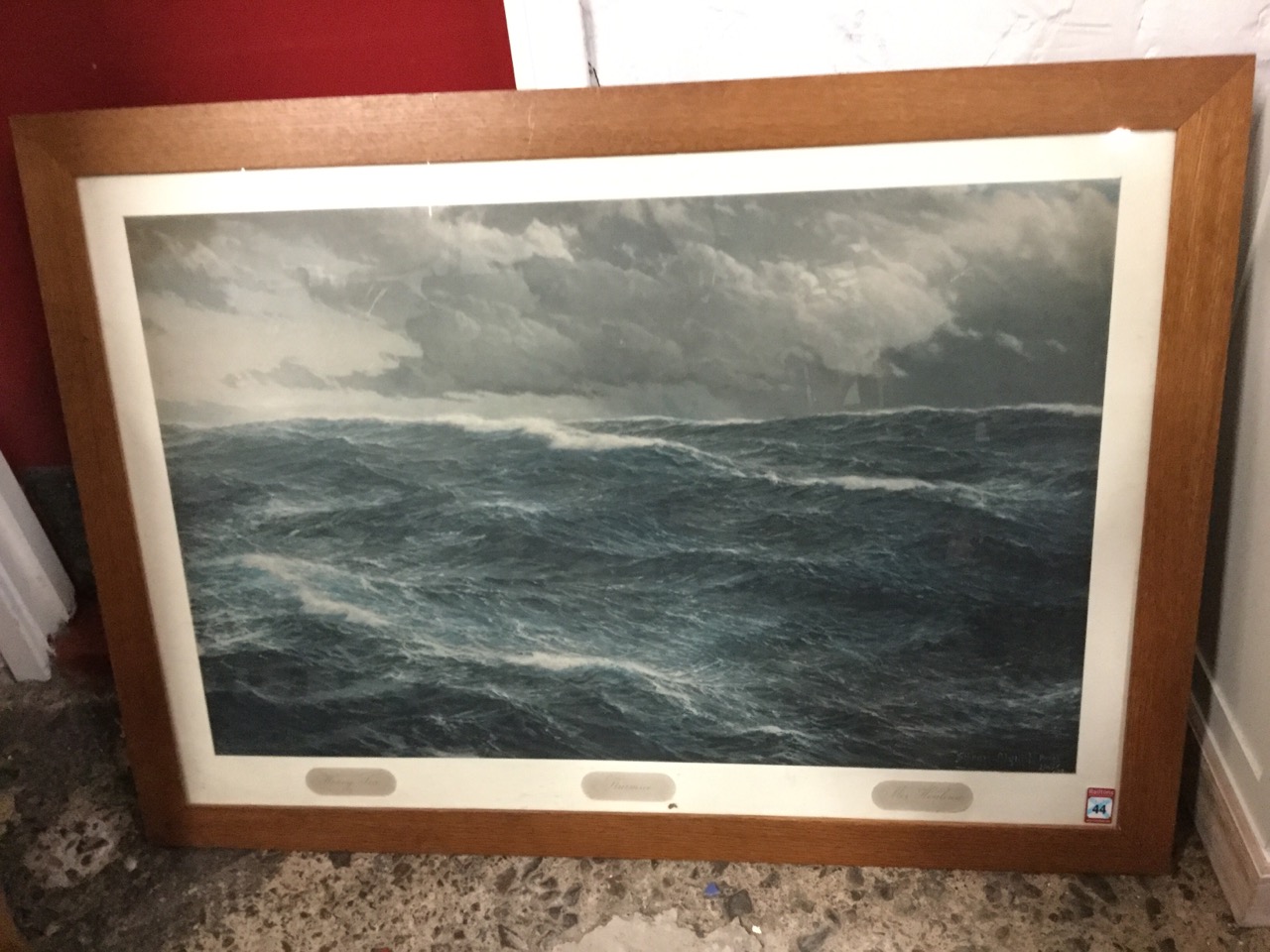 Schnars Alquist, lithographic print of stormy seas, mounted & oak framed. (33.75in x 21.5in)