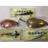 Two Hardy Brothers blair spoons - unused; two packaged Hardy devon type yellow belly minnows; and