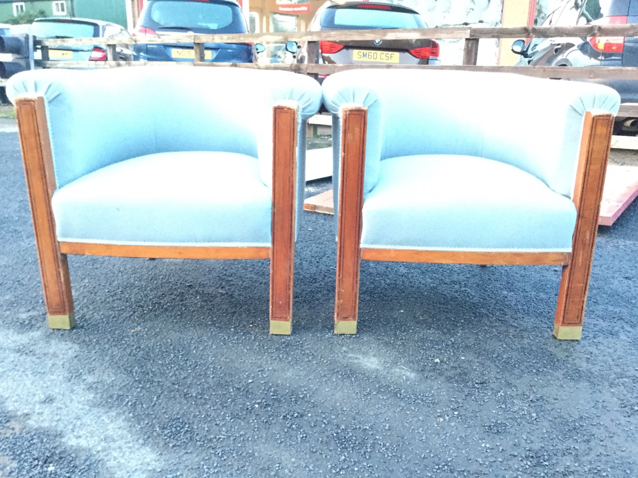A pair of Empire walnut armchairs with contemporary grey baize upholstery, the rounded horseshoe - Image 3 of 3