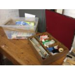 A sewing box with upholstered lid containing knitting needles, cottons & threads, buttons,